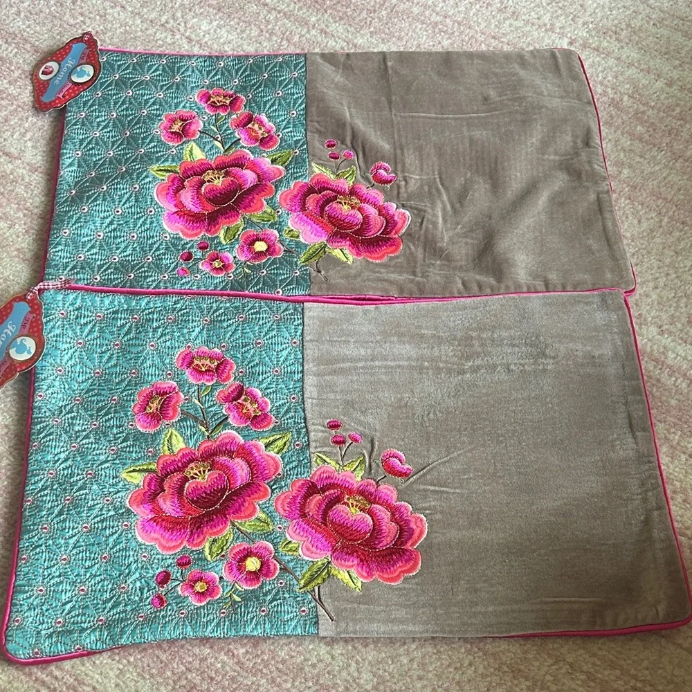 Anthropologie Pip Studio embroidered floral velvet 12x20 pillow cushion covers 2